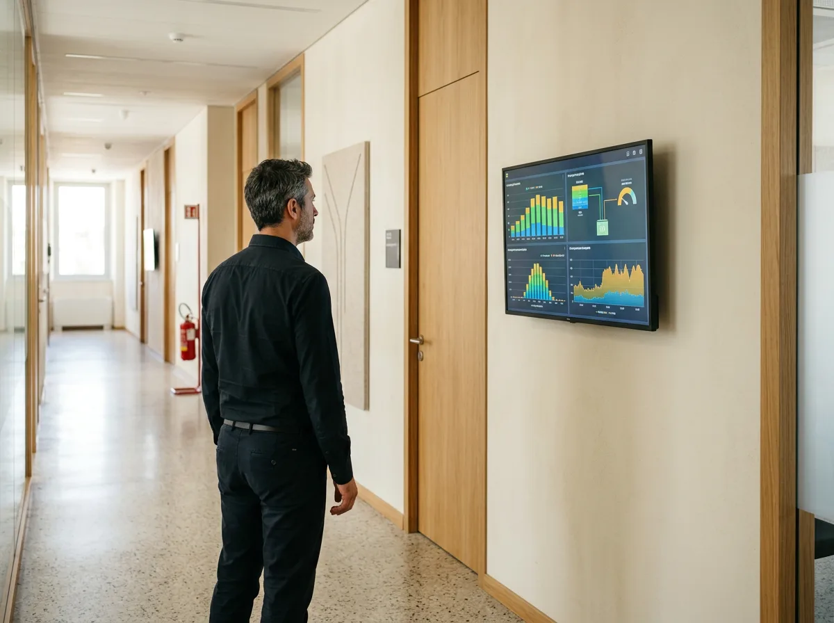 Display di monitoraggio energetico a parete in un corridoio aziendale, con grafici di produzione e consumo in tempo reale e una persona di spalle che li osserva