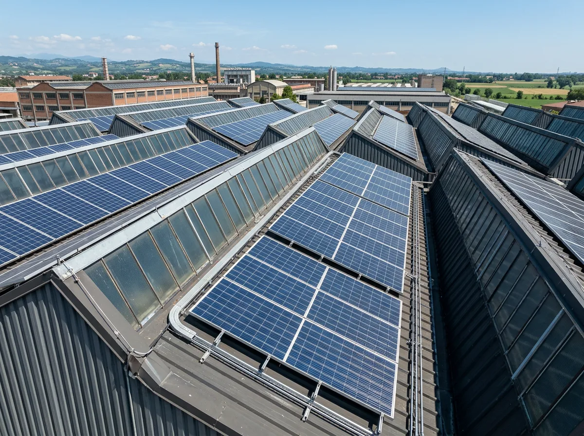 Pannelli fotovoltaici installati sul tetto a shed di una fabbrica italiana, ripresi da vicino lungo le file di moduli con la luce zenitale di mezzogiorno