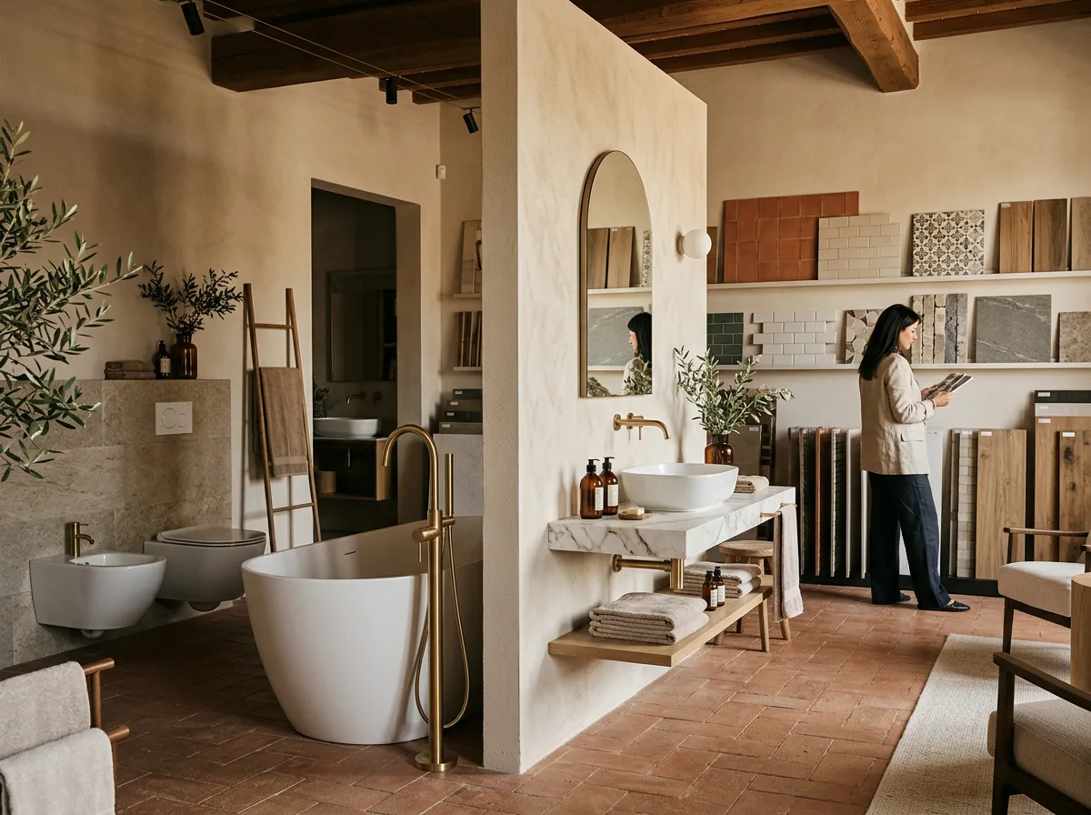 Showroom italiano di arredo bagno con sanitari, rubinetterie e campioni di rivestimenti esposti sotto una luce calda