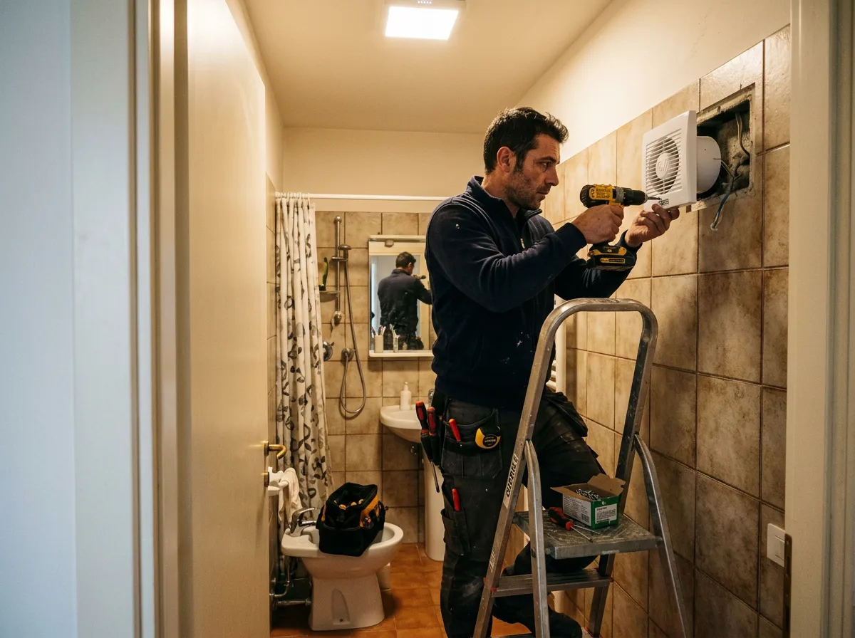 Installatore che monta un aspiratore a parete in un bagno senza finestra, in un appartamento italiano