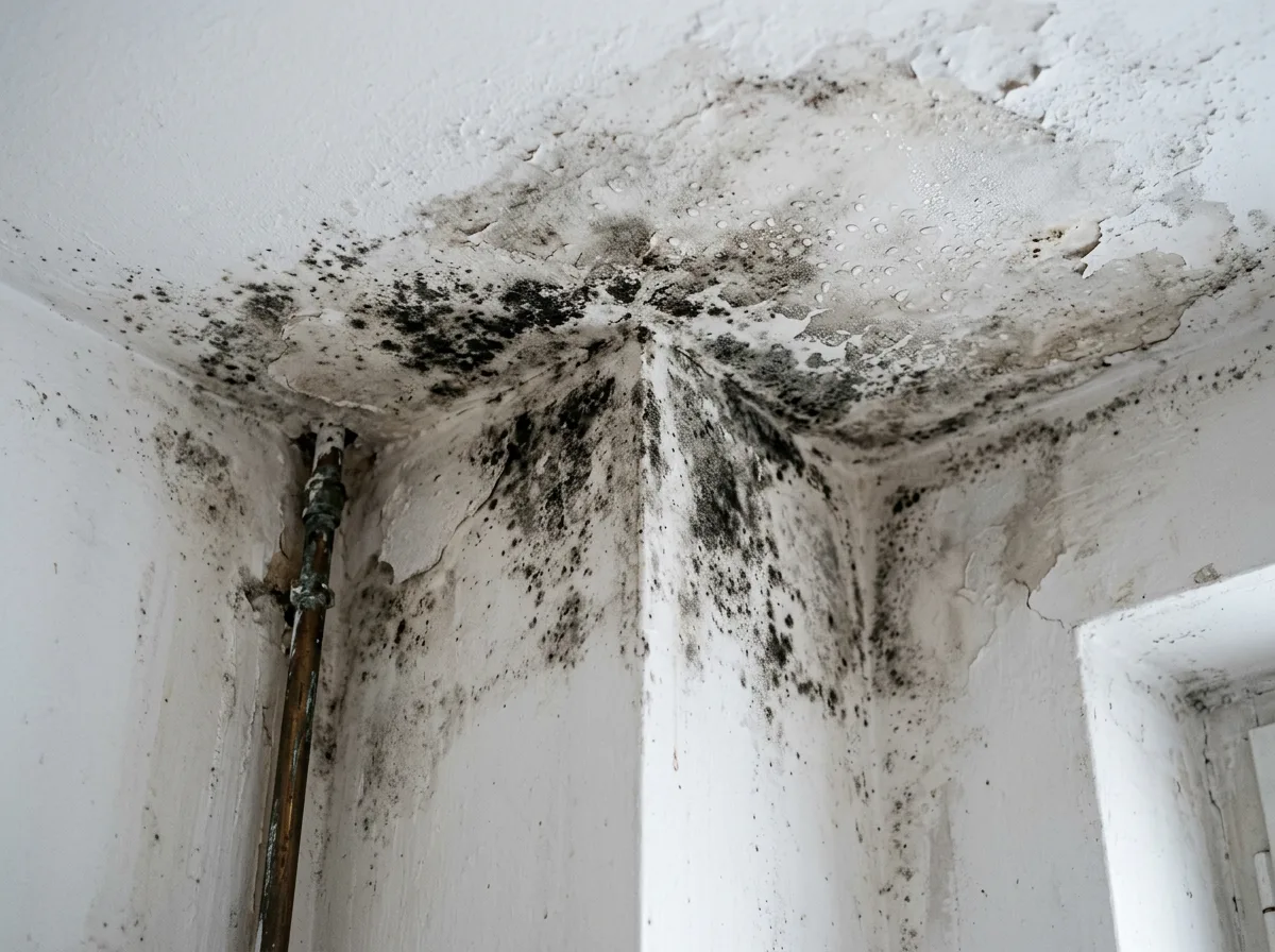 Angolo del soffitto di un bagno con macchie di muffa e tracce di condensa prima dei lavori di risanamento