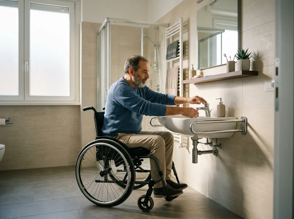 Uomo in carrozzina che utilizza in autonomia un lavabo sospeso a norma in un bagno accessibile e luminoso di una casa italiana