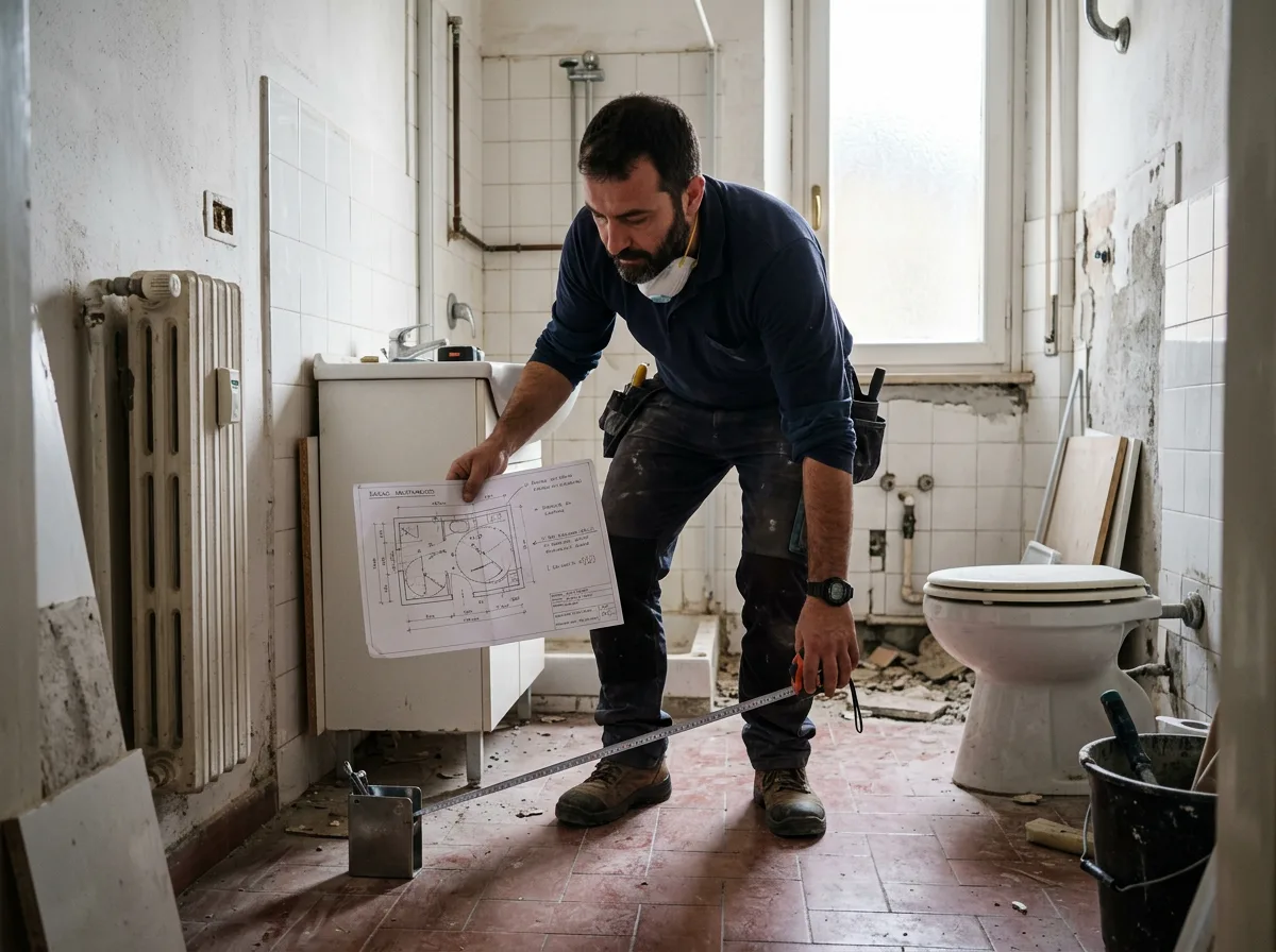 Tecnico che misura con il metro gli spazi di manovra di un bagno da adattare, tenendo in mano la planimetria dell'appartamento