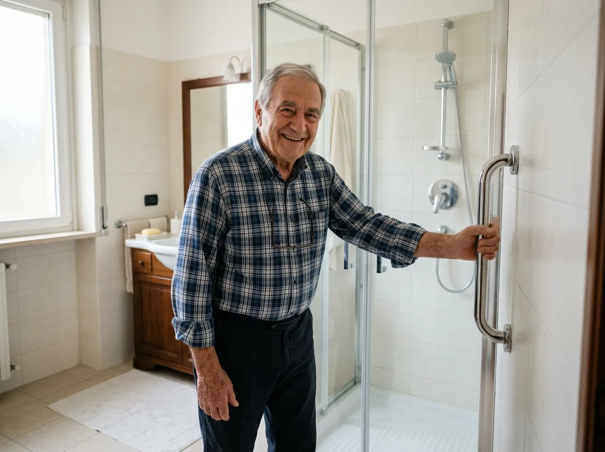 Signore anziano sorridente che si sostiene a un maniglione cromato accanto alla doccia, in un bagno domestico italiano luminoso