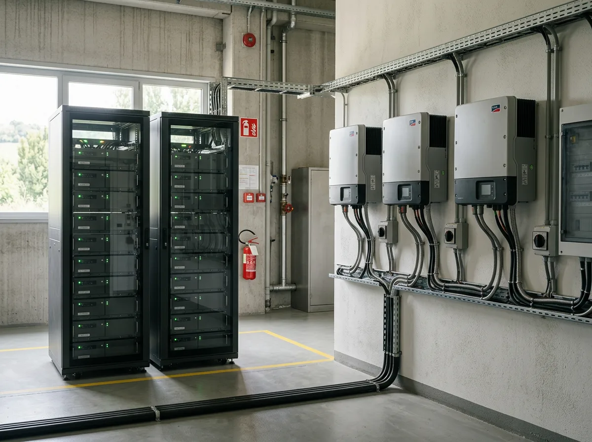 Batterie di accumulo industriali a colonna installate in un locale tecnico ordinato, accanto agli inverter fissati a parete