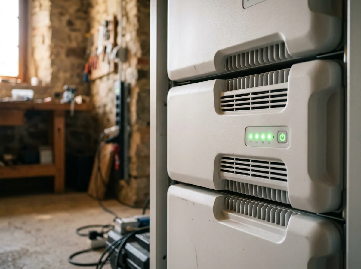 Dettaglio ravvicinato di moduli batteria impilati a torre con gli indicatori LED accesi, superficie bianca opaca senza marchi