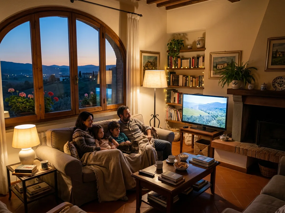 Salotto italiano alla sera con TV e lampade accese e la famiglia rilassata sul divano, mentre dalla finestra si vede il crepuscolo