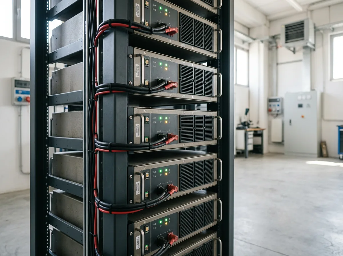 Moduli batteria al litio impilati in rack con cablaggi ordinati e spie di stato accese, in un locale tecnico industriale pulito