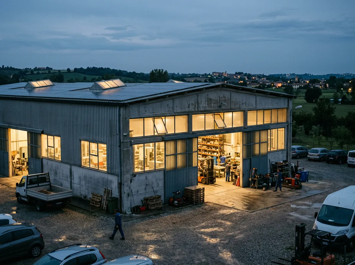 Capannone industriale illuminato al crepuscolo, con le luci interne accese e i pannelli fotovoltaici sul tetto appena visibili, a suggerire il lavoro serale alimentato dall'accumulo