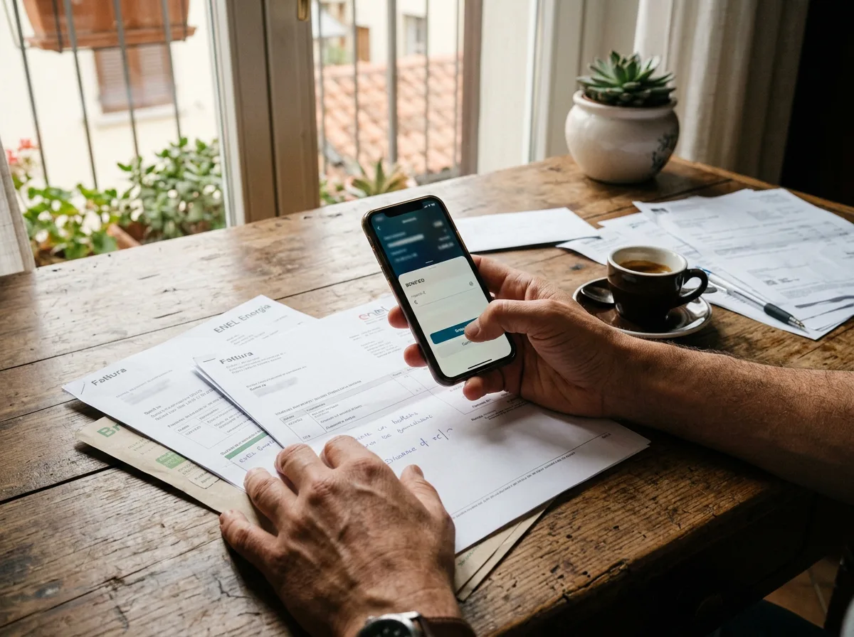Persona esegue il bonifico parlante per il bonus condizionatori 2026 dallo smartphone, con fatture e documenti sulla scrivania