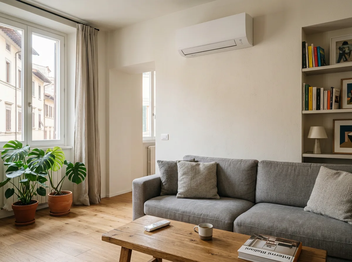 Climatizzatore split a parete installato con la detrazione 50% del bonus condizionatori in un soggiorno ristrutturato nel Nord Italia