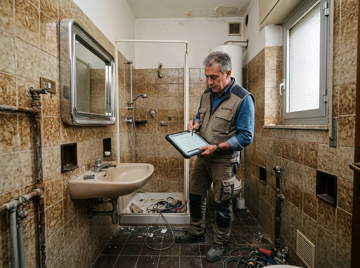 Sopralluogo tecnico per il bonus ristrutturazione bagno 2026 in un appartamento anni settanta del Nord Italia con piastrelle datate