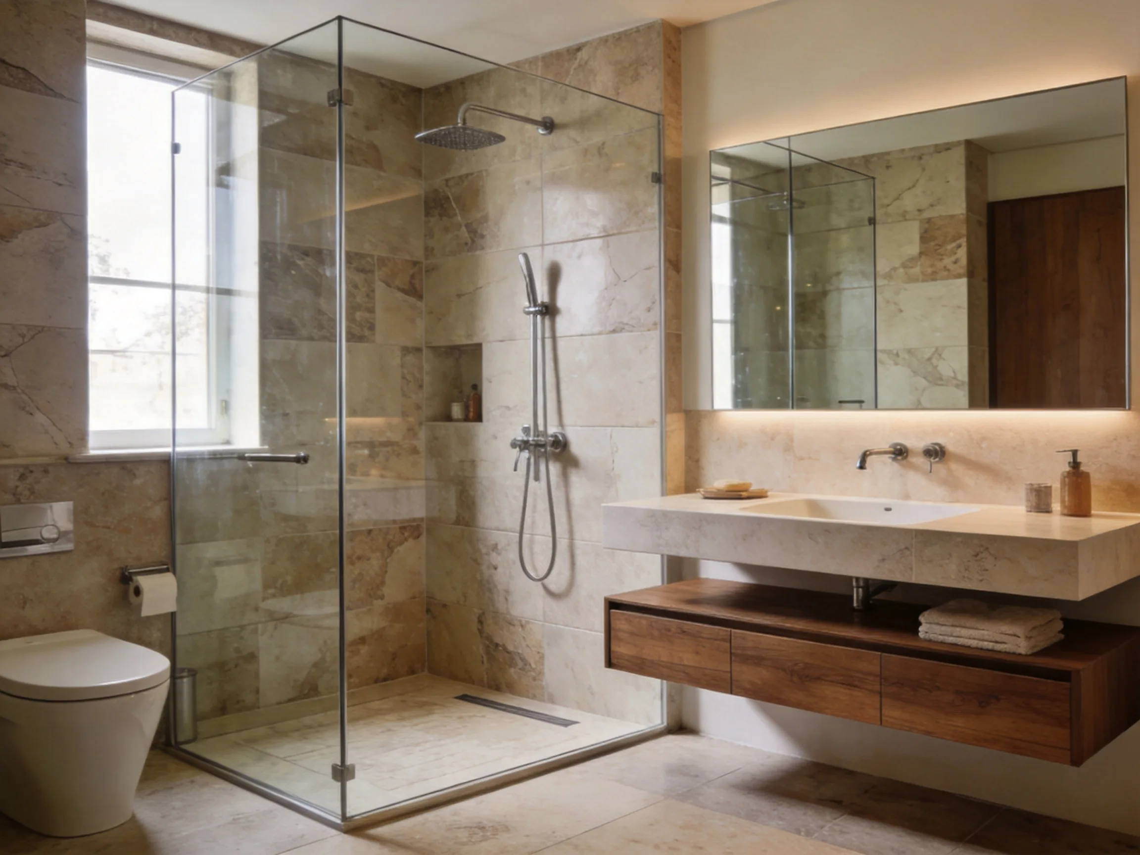 Bagno moderno appena ristrutturato con doccia a filo pavimento in vetro, piastrelle effetto pietra e mobile sospeso in legno illuminati da luce naturale