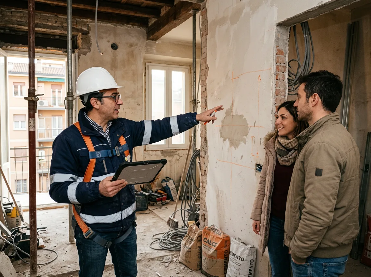 Geometra con caschetto e tablet che illustra a una coppia di proprietari lo stato dei lavori in un appartamento in fase di cantiere