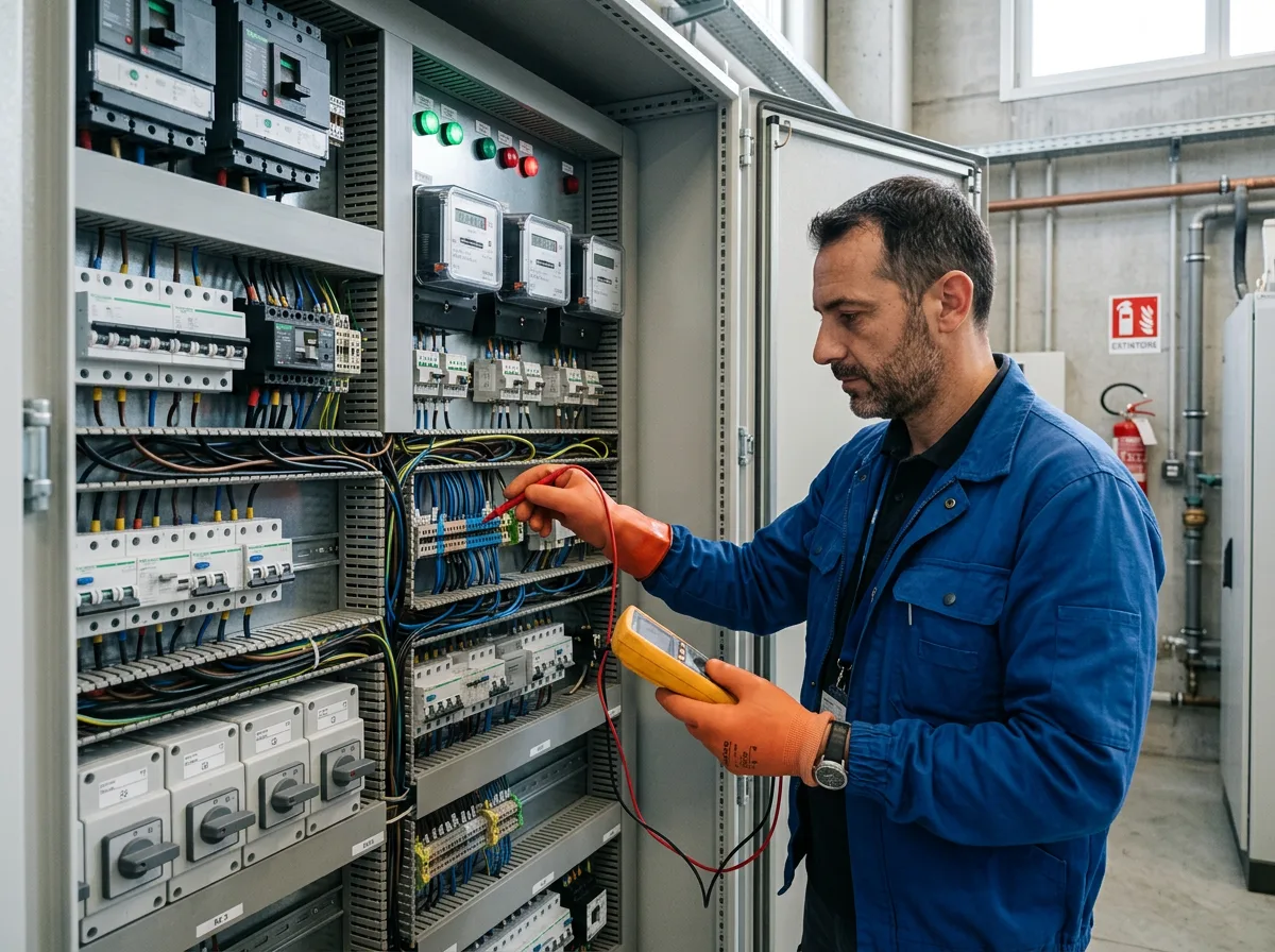 Dettaglio di un quadro elettrico industriale con contatori e sezionatori in un locale tecnico aziendale, con un tecnico che effettua una verifica indossando i guanti isolanti