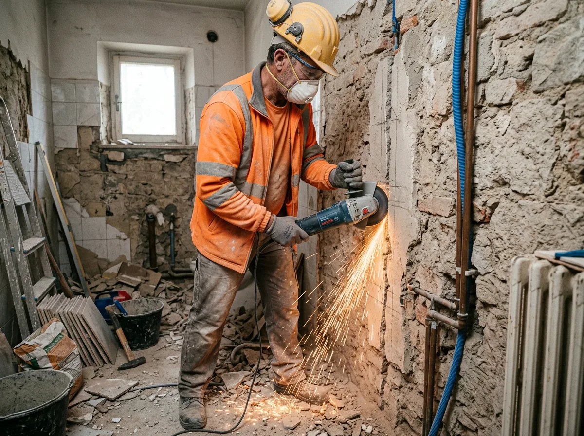 Muratore che traccia con il flessibile le nuove linee degli impianti sulla parete di un bagno demolito, in uno scatto di cantiere in stile reportage