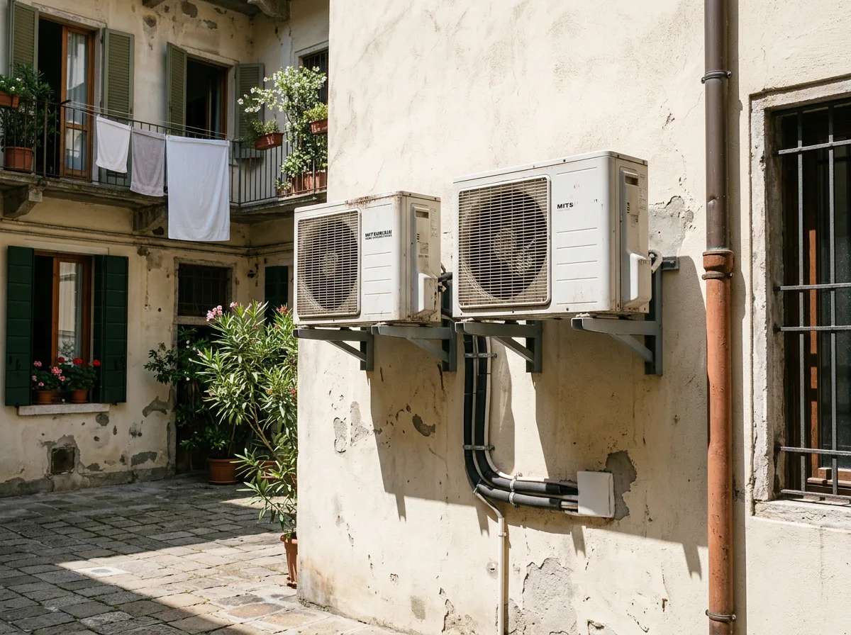 Due unità esterne di climatizzatore affiancate su staffe a muro nel cortile interno di una palazzina italiana con facciata intonacata