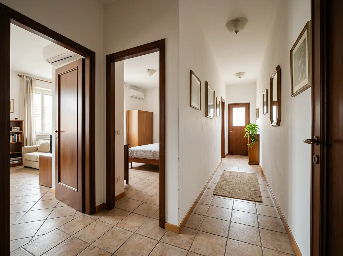 Corridoio di un appartamento italiano con due split a parete visibili in stanze diverse attraverso le porte aperte e pavimento in parquet