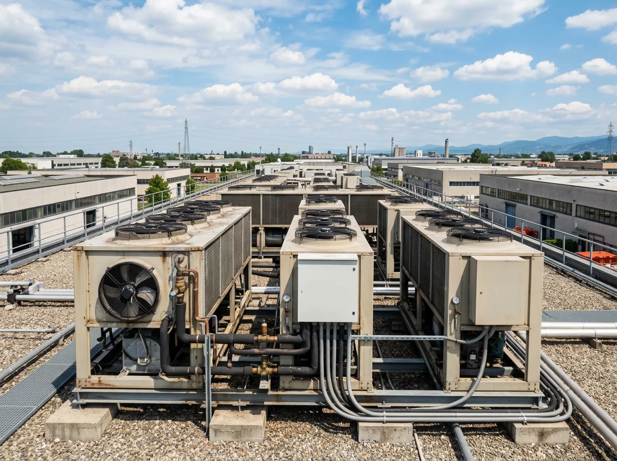 Grandi unità esterne di climatizzazione commerciale installate sul tetto piano di un capannone in una zona industriale lombarda