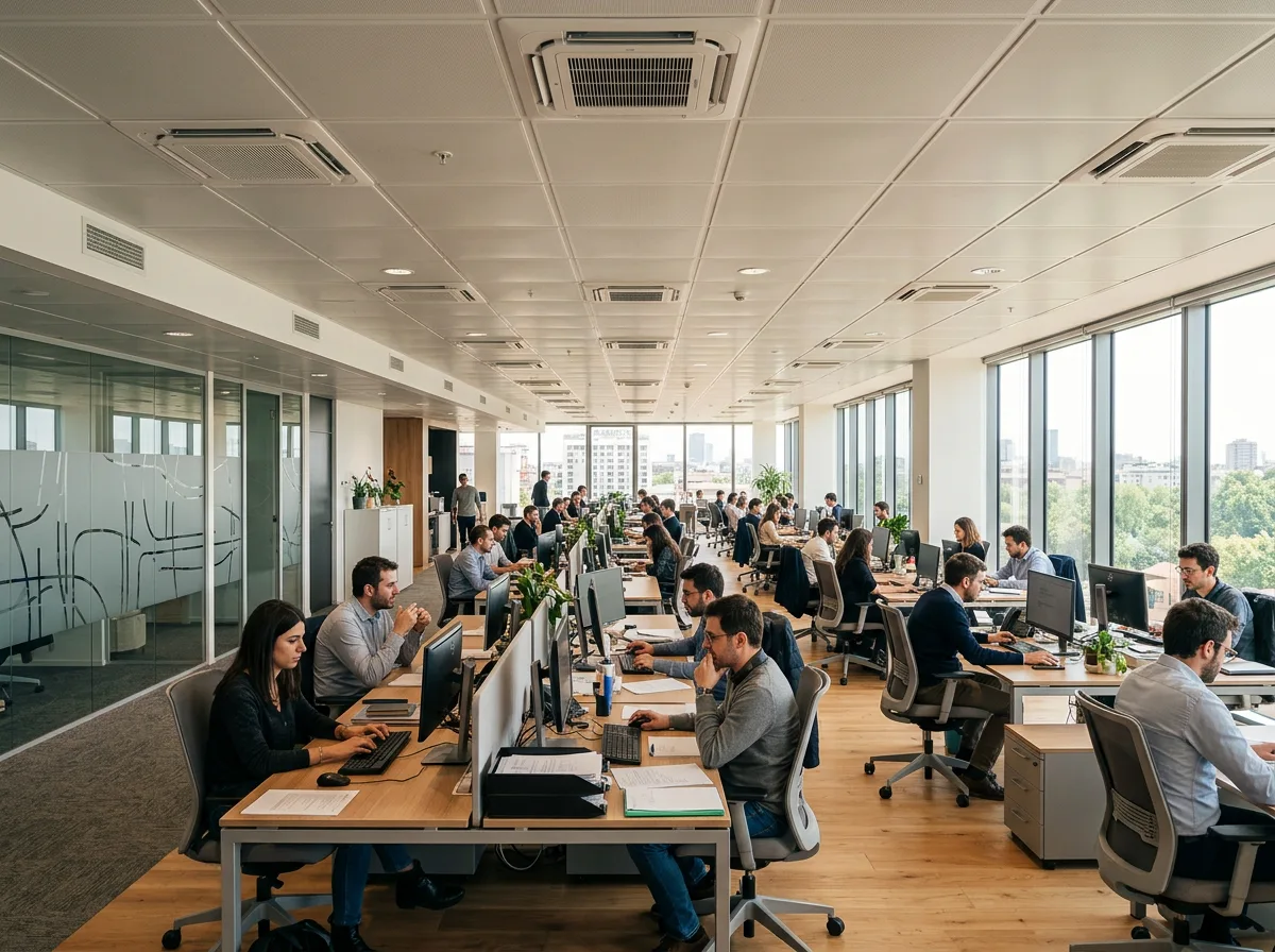 Ufficio open space con dipendenti al lavoro e cassette di climatizzazione incassate nel controsoffitto, illuminato da luce naturale