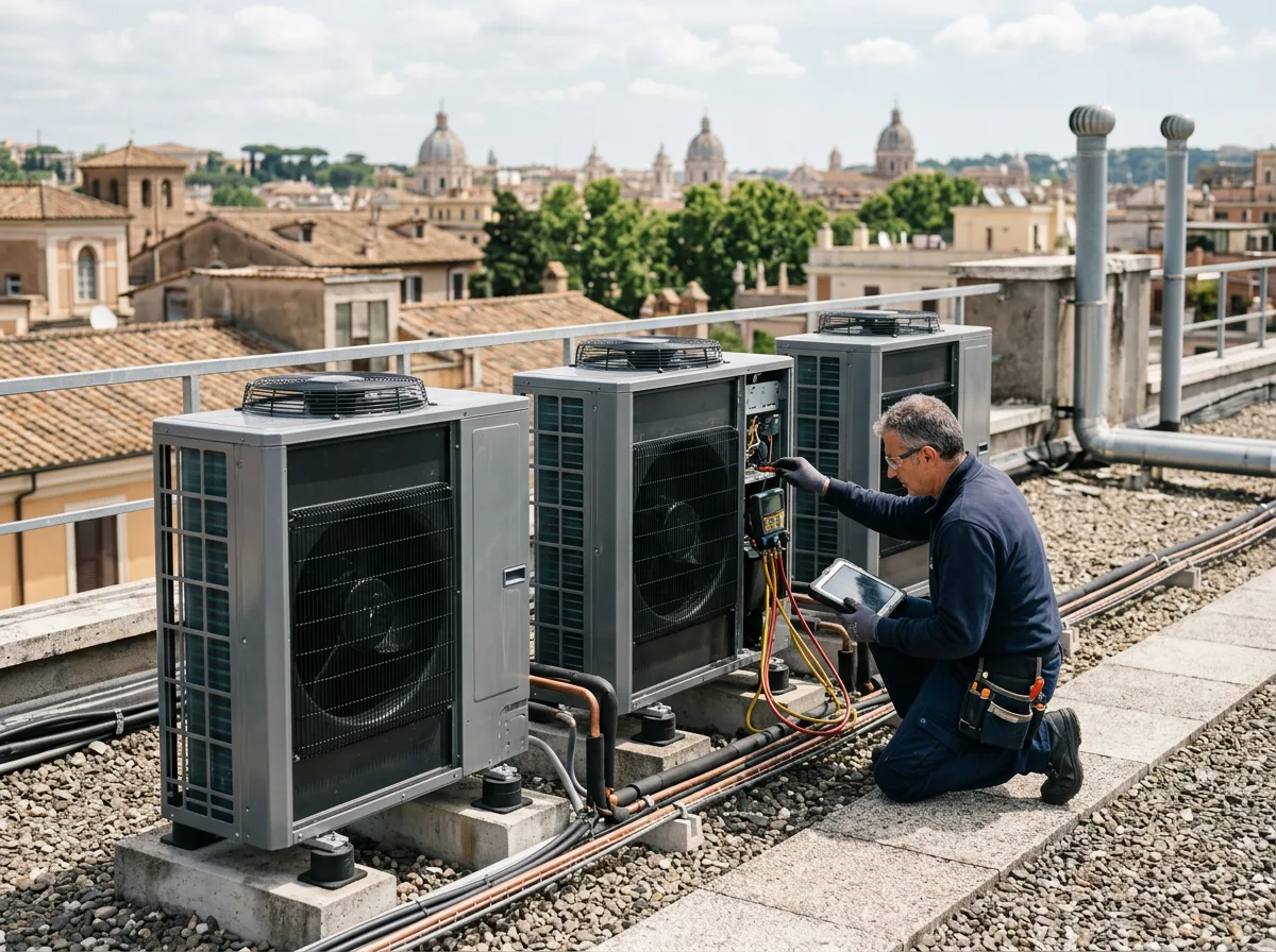Unità esterne VRF compatte allineate sul lastrico solare di una palazzina uffici, con un tecnico impegnato nel collaudo dell'impianto