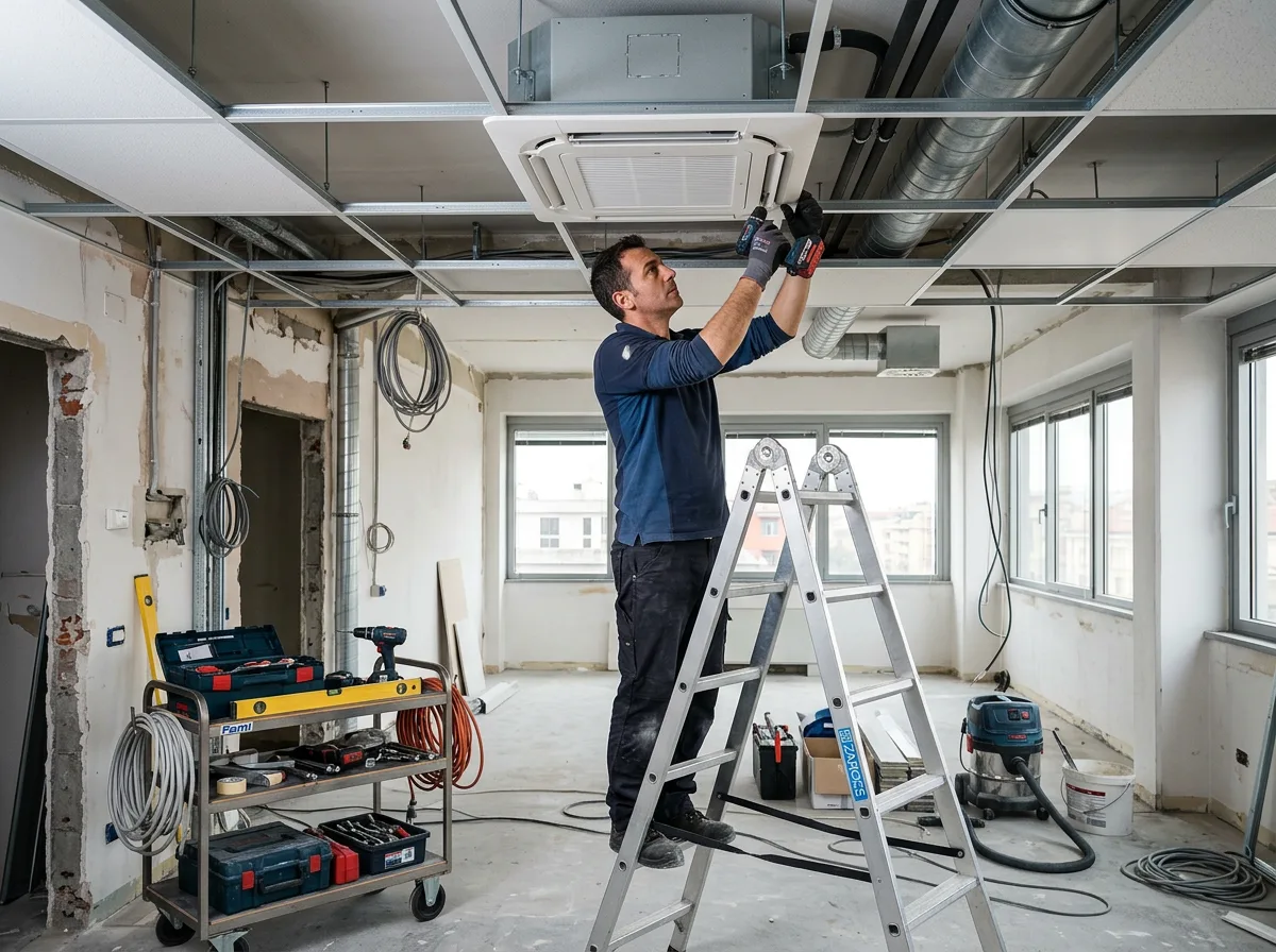 Installatore che monta una cassetta di climatizzazione a soffitto in un ufficio in ristrutturazione, con scala e attrezzi disposti in ordine