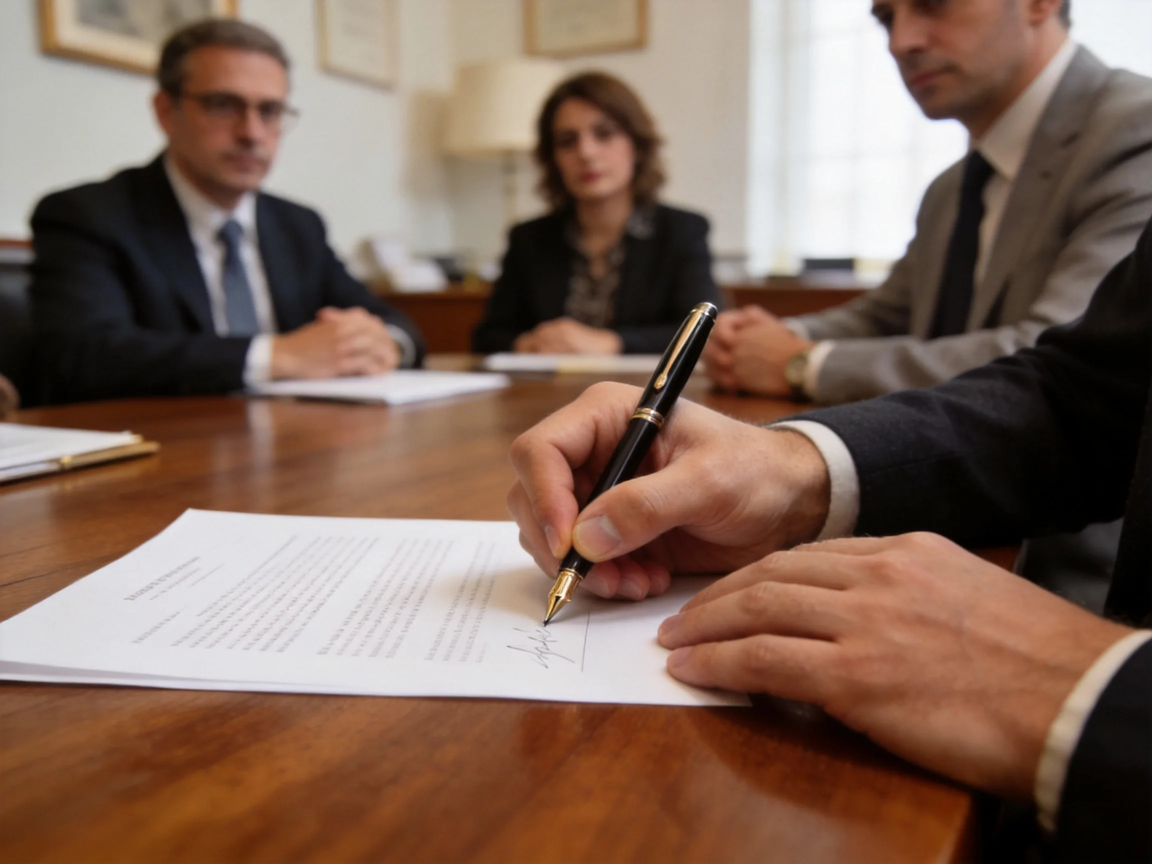Primo piano di mani che firmano con una penna stilografica l'atto costitutivo su un tavolo di legno, con altre persone sedute intorno