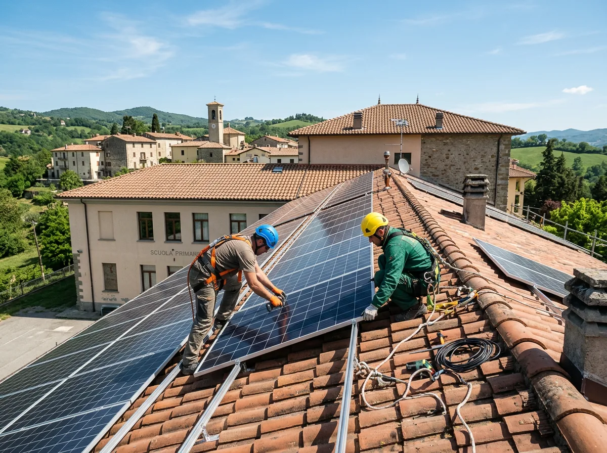 Due operai al lavoro sull'installazione di pannelli fotovoltaici sul tetto di un edificio pubblico di paese, come la scuola comunale