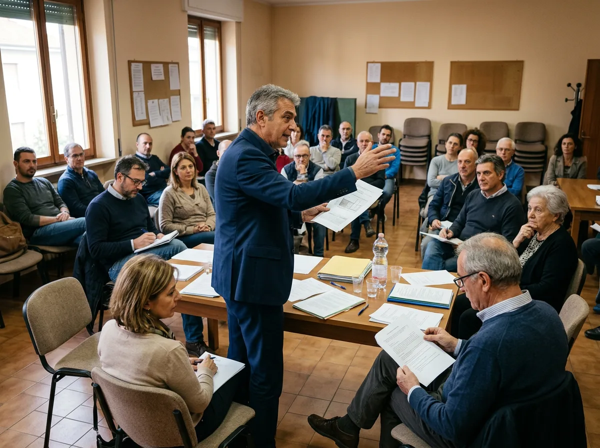Assemblea condominiale in una sala comune: l'amministratore illustra in piedi il progetto di fotovoltaico condiviso ai condomini seduti, con i fogli del preventivo sul tavolo