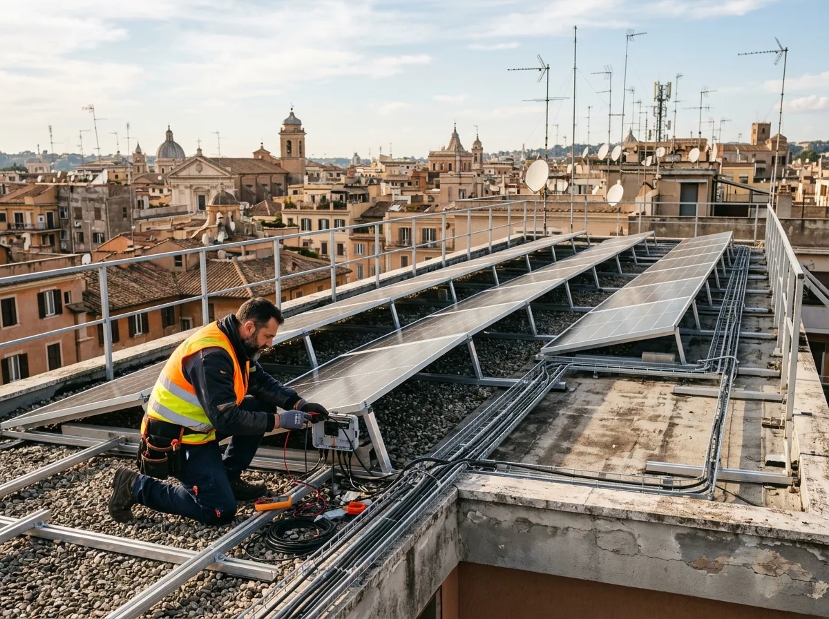 Vista dal tetto piano di un condominio con file di pannelli fotovoltaici appena installati, un operaio al lavoro e le antenne cittadine sullo sfondo