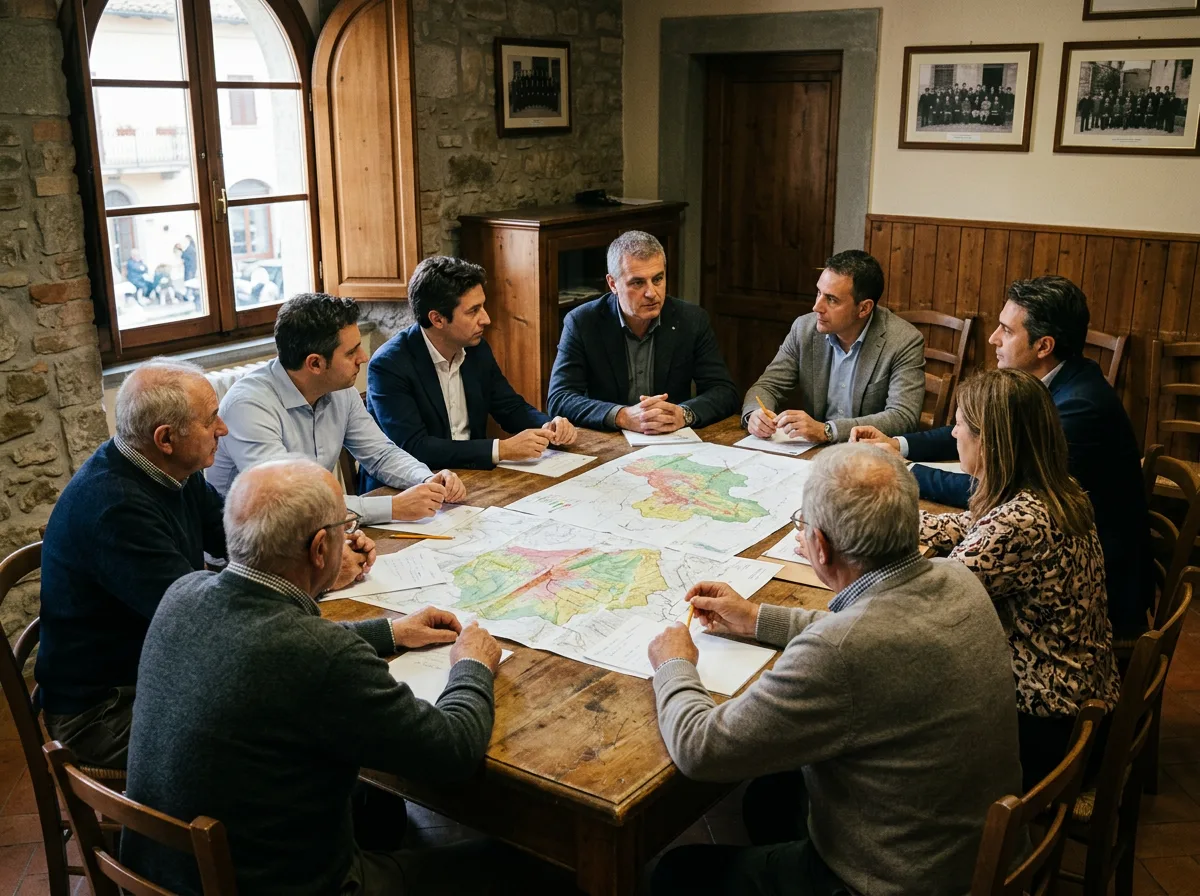 Riunione tra imprenditori, cittadini e amministratori locali seduti attorno a un tavolo in sala comunale, con planimetrie del territorio aperte davanti a loro