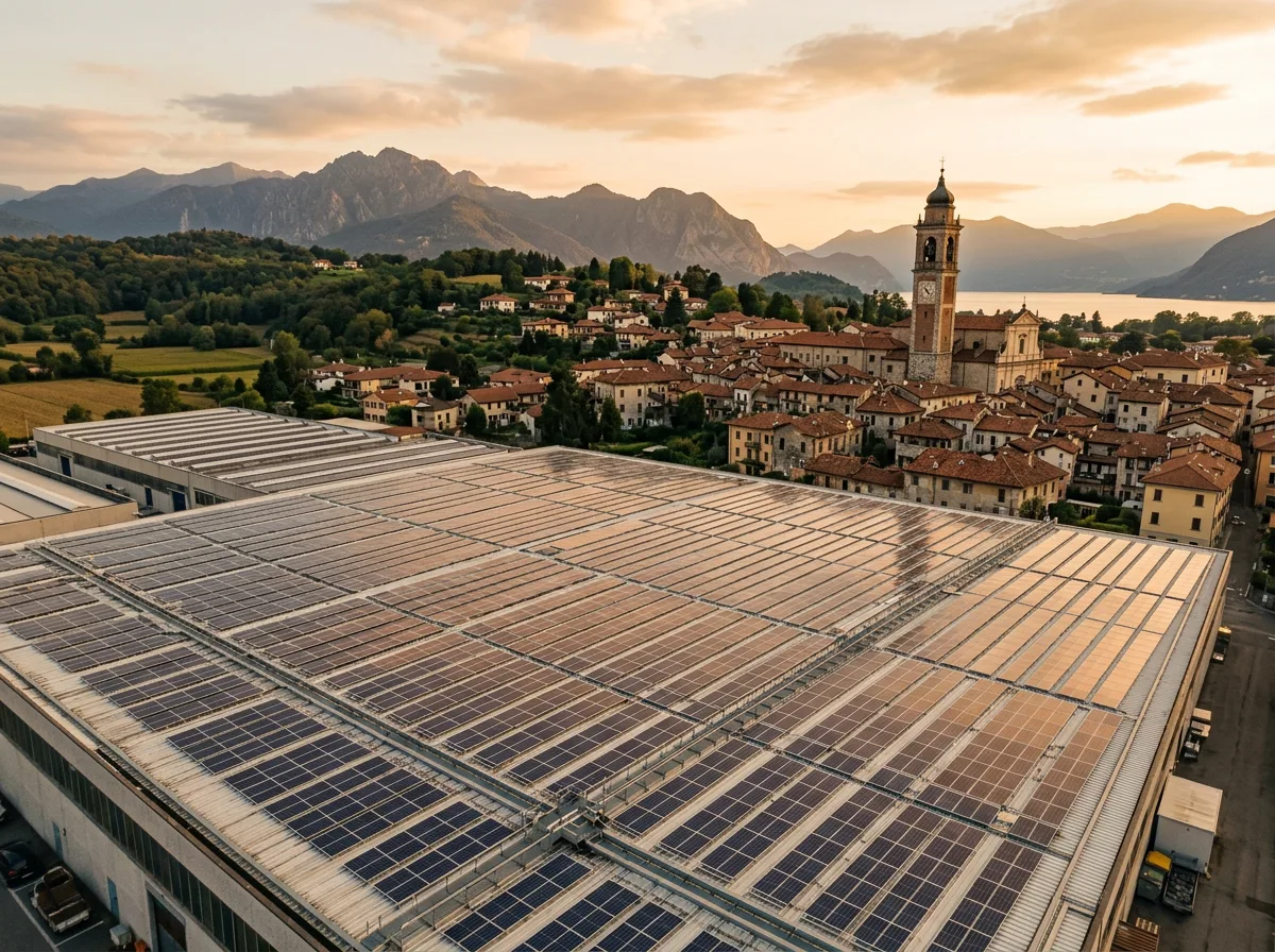 Grande tetto industriale interamente coperto da pannelli fotovoltaici, con il campanile e i tetti di un paese lombardo sullo sfondo nella luce dorata del tramonto