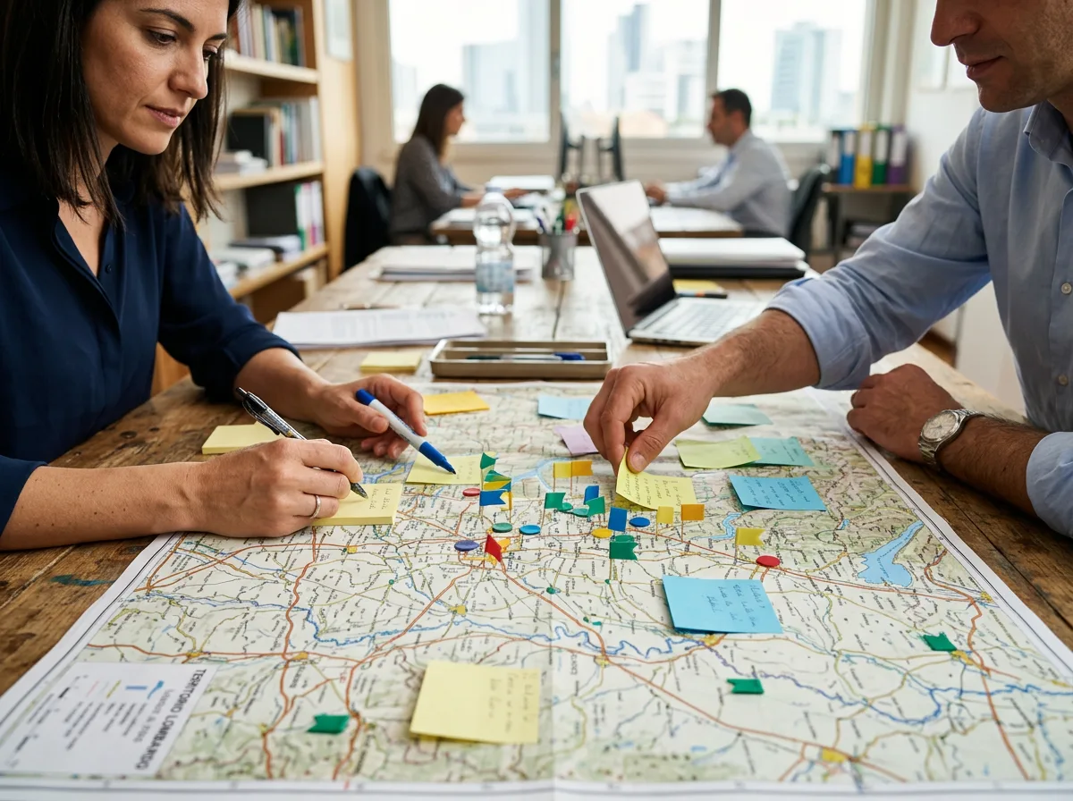 Tavolo di lavoro con una mappa cartacea del territorio lombardo su cui due professionisti posizionano appunti e segnalibri adesivi per pianificare una comunità energetica
