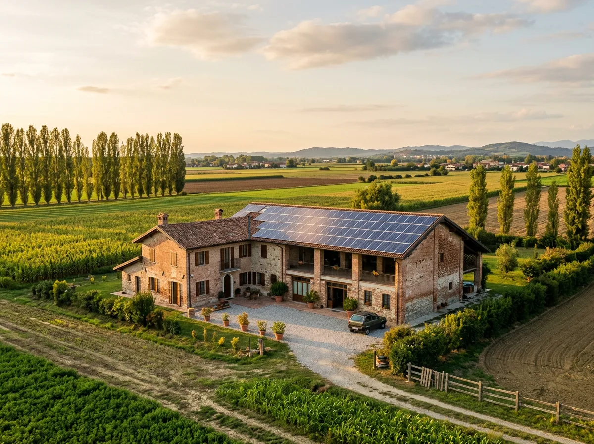 Cascina lombarda ristrutturata con l'ampio tetto a falde coperto di pannelli fotovoltaici, circondata da campi coltivati e filari di pioppi