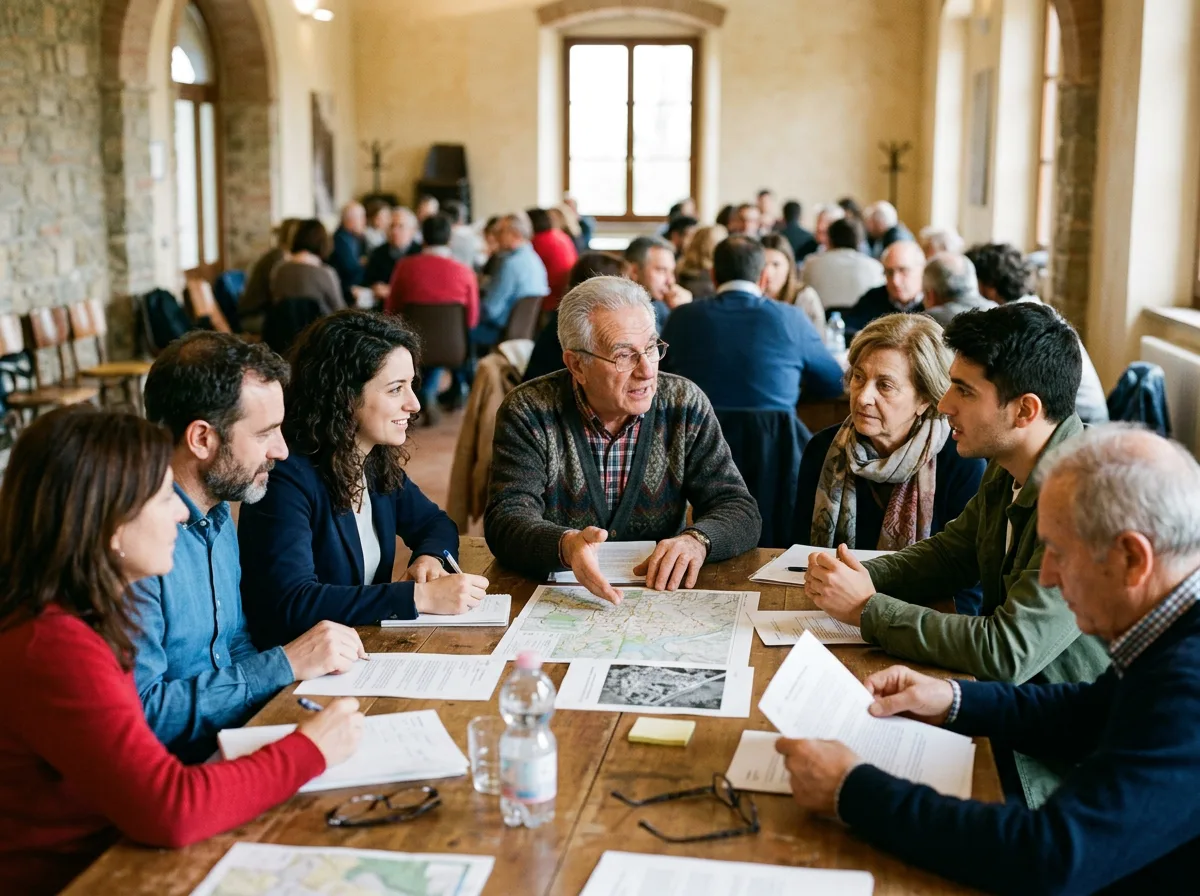 Cittadini riuniti in assemblea in una sala civica per costituire una comunità energetica rinnovabile