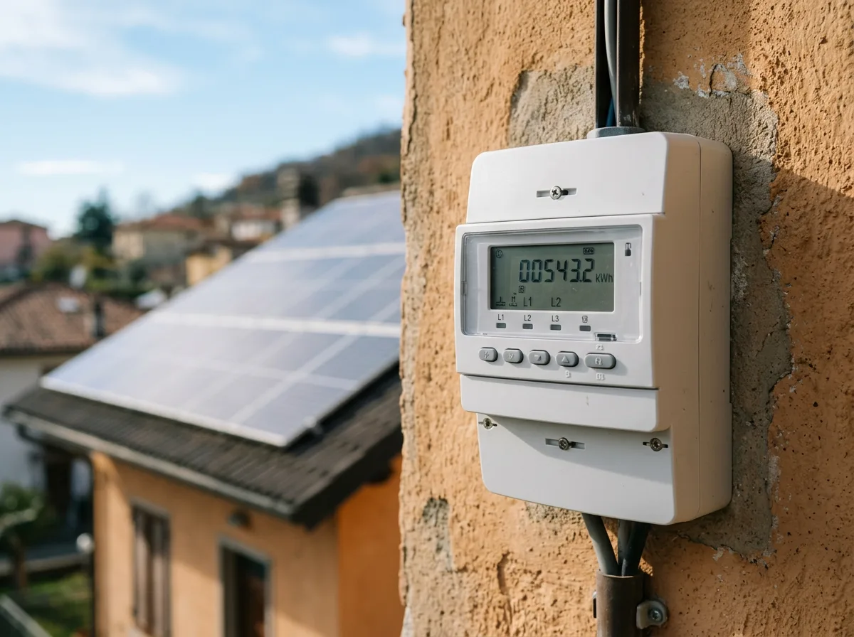 Contatore elettrico digitale di un membro di una comunità energetica rinnovabile con impianto fotovoltaico sullo sfondo