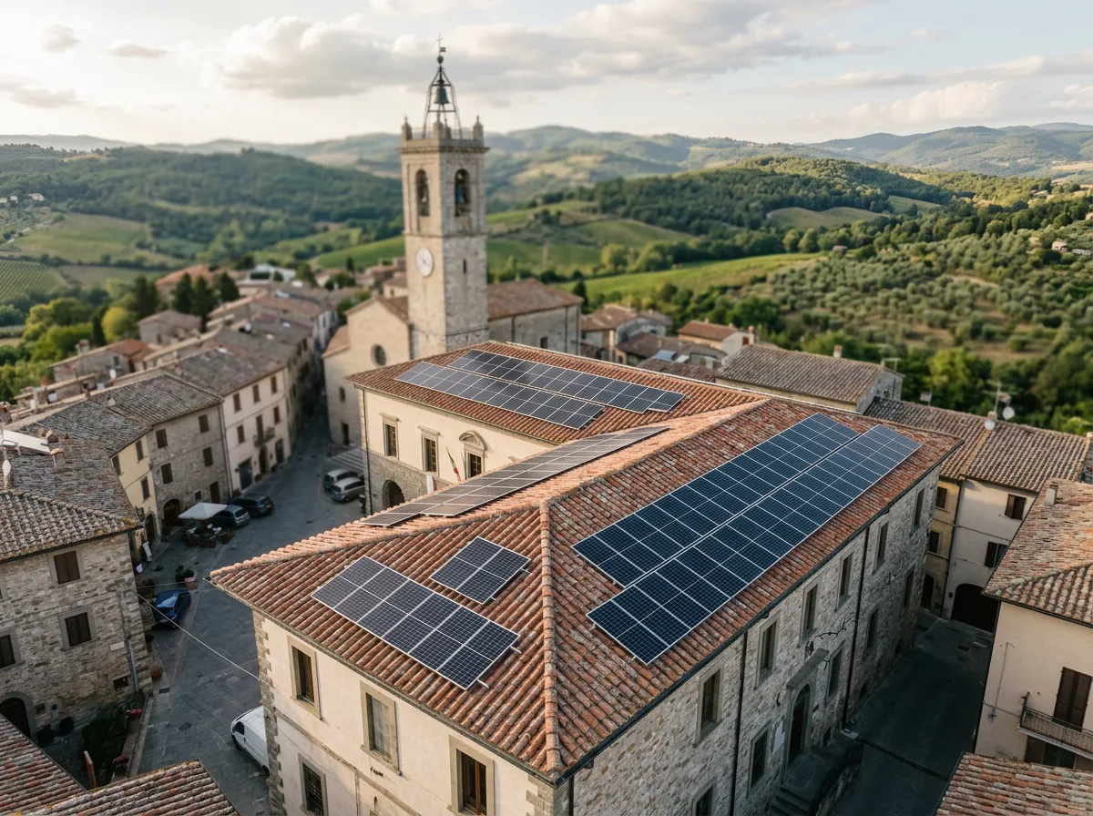 Tetto di un edificio pubblico di paese con impianto fotovoltaico ripreso dall'alto, con il campanile e le colline sfocati sullo sfondo