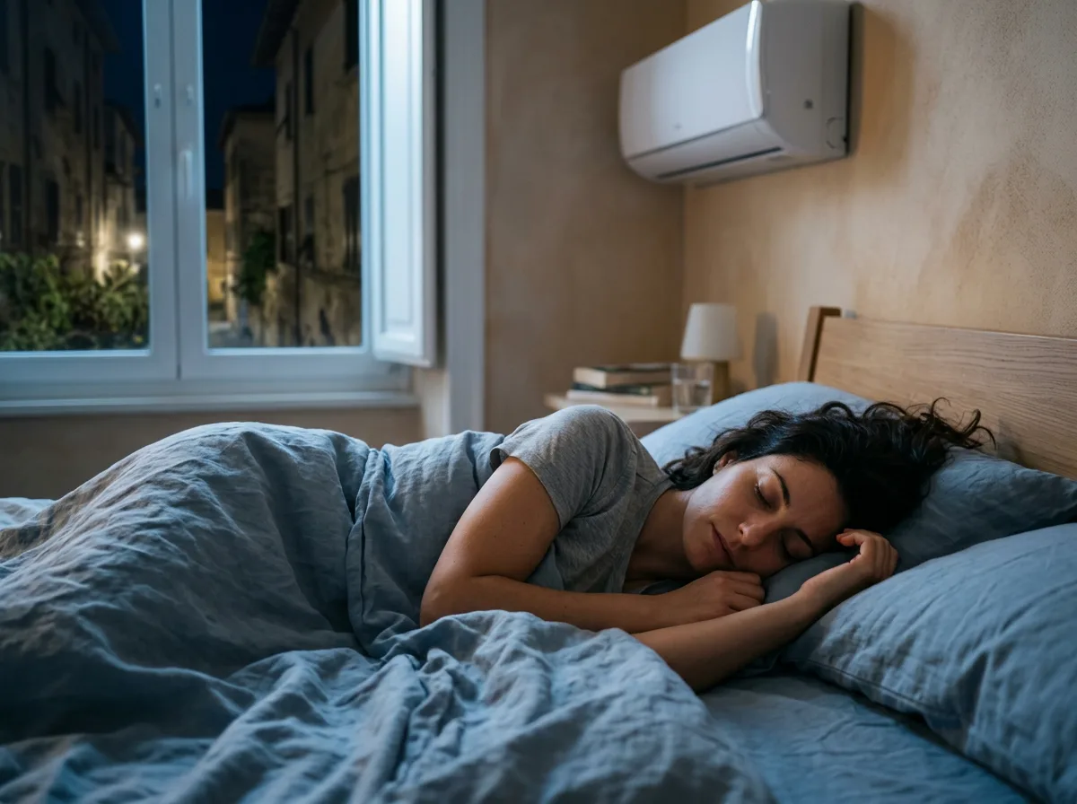 Donna che dorme serenamente in un letto con lenzuola leggere, illuminata dalla luce lunare che filtra dalla finestra, con lo split a parete acceso in modalità notte