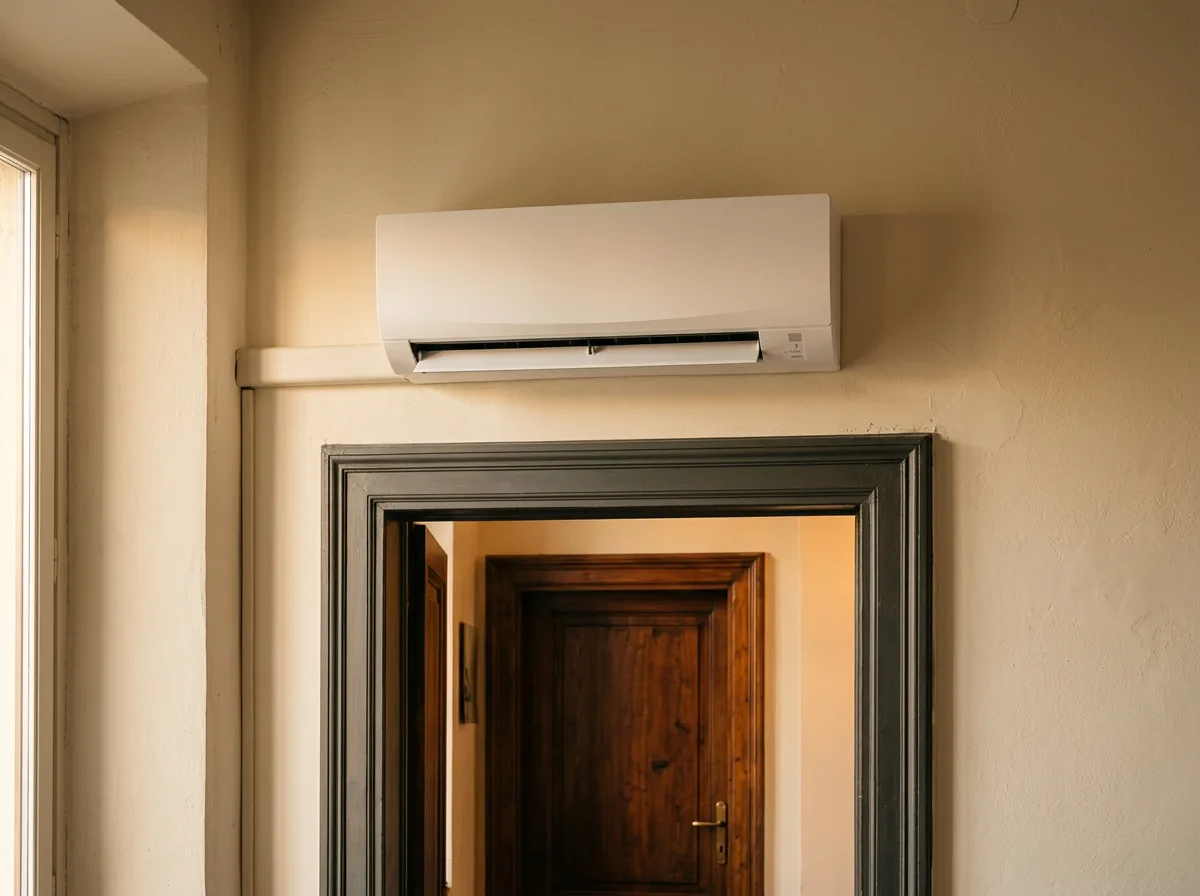 Dettaglio di uno split a parete sottile installato sopra la porta di una camera da letto dalle pareti color panna, con le alette orientate verso l'alto per evitare il getto diretto