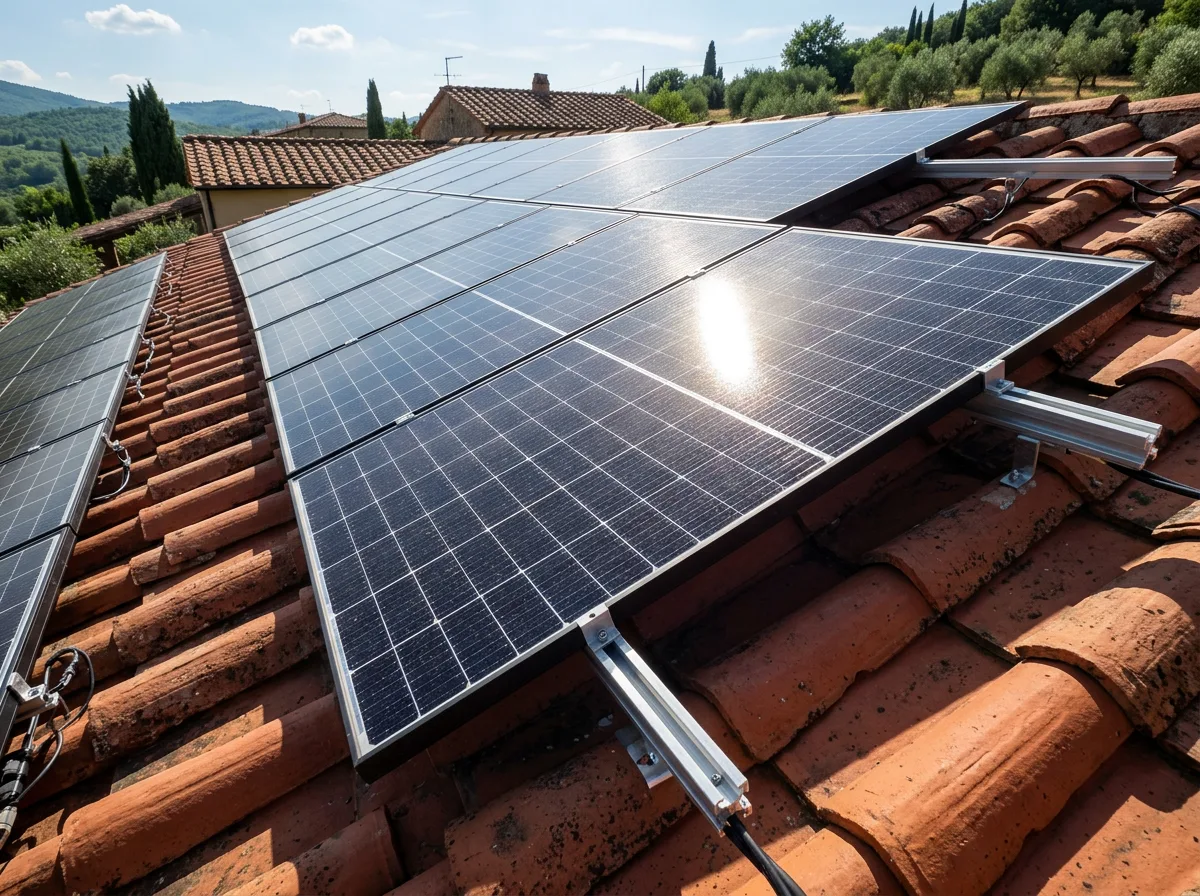 Dettaglio ravvicinato di pannelli fotovoltaici installati su un tetto in coppi rossi che riflettono il sole estivo