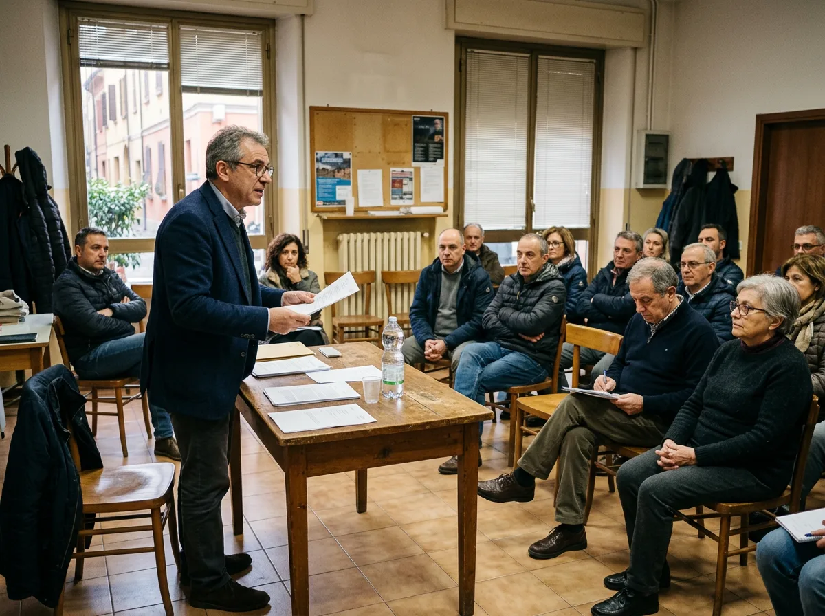 Riunione condominiale in una sala comune: l'amministratore illustra i documenti dell'intervento a un piccolo gruppo di condomini seduti davanti a lui