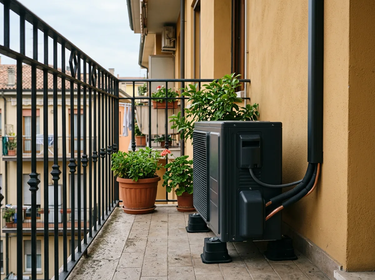 Unità esterna di climatizzatore installata con supporti antivibranti sul pavimento di un balcone condominiale, dietro la ringhiera e fuori dalla vista dalla strada