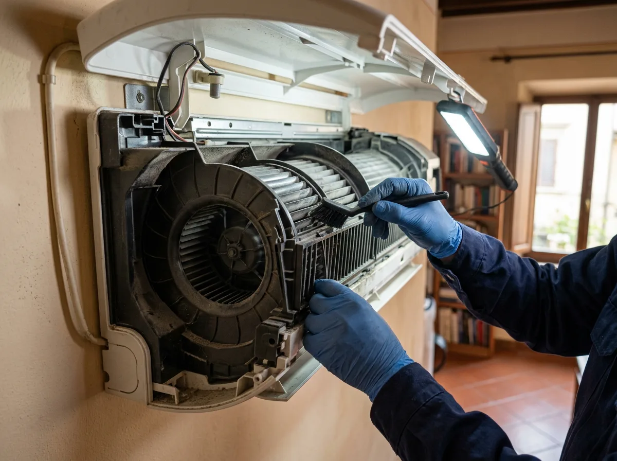Macro del ventilatore e delle alette interne di un'unità split aperta durante un controllo tecnico, con le mani guantate del tecnico al lavoro