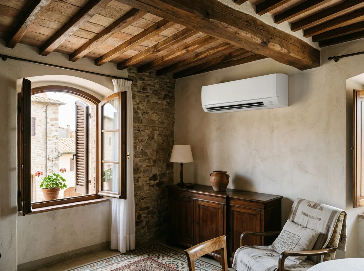 Climatizzatore monoblocco orizzontale bianco installato a filo parete sotto il soffitto di un appartamento d'epoca, senza alcuna unità esterna sulla facciata
