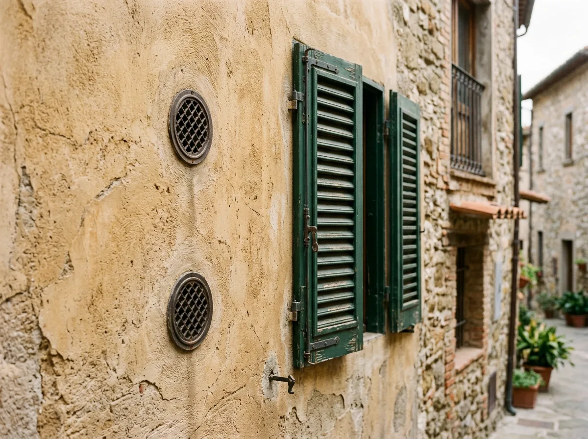 Dettaglio di due discrete griglie circolari di scambio aria su una facciata storica intonacata color ocra, accanto a una persiana verde, quasi invisibili dalla strada