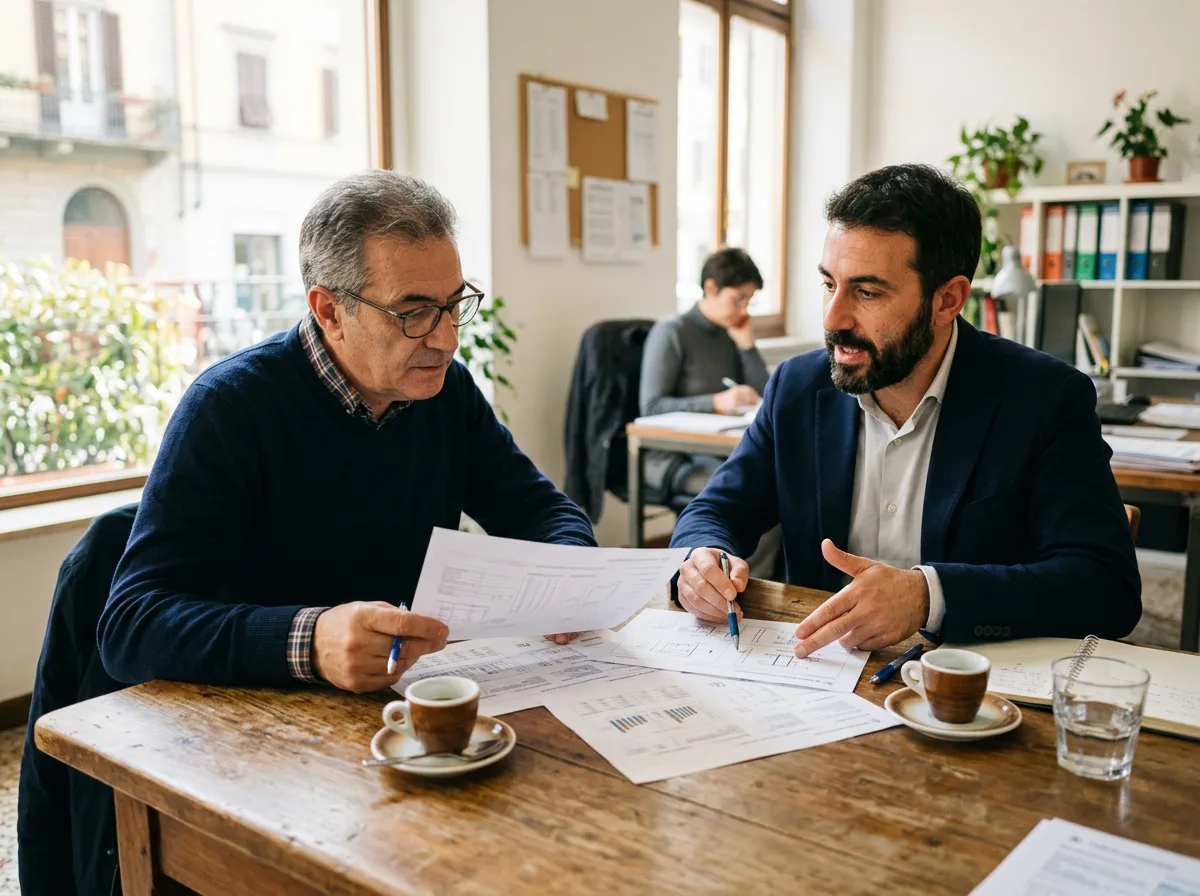 Un cliente confronta le schede tecniche di due climatizzatori insieme a un consulente energetico, seduti al tavolo di un ufficio