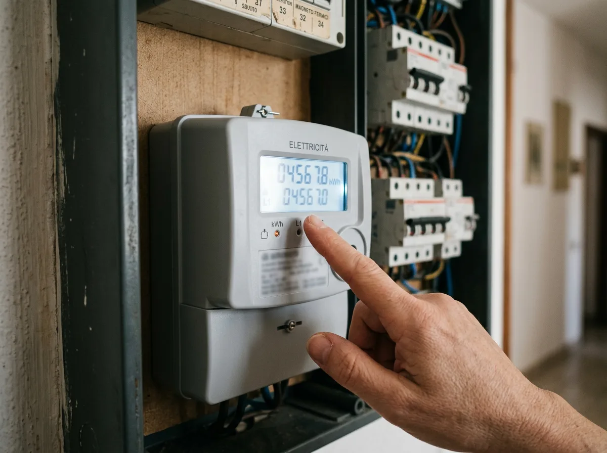 Primo piano del display di un contatore elettrico digitale nel quadro di casa, con una mano che indica il valore dei consumi