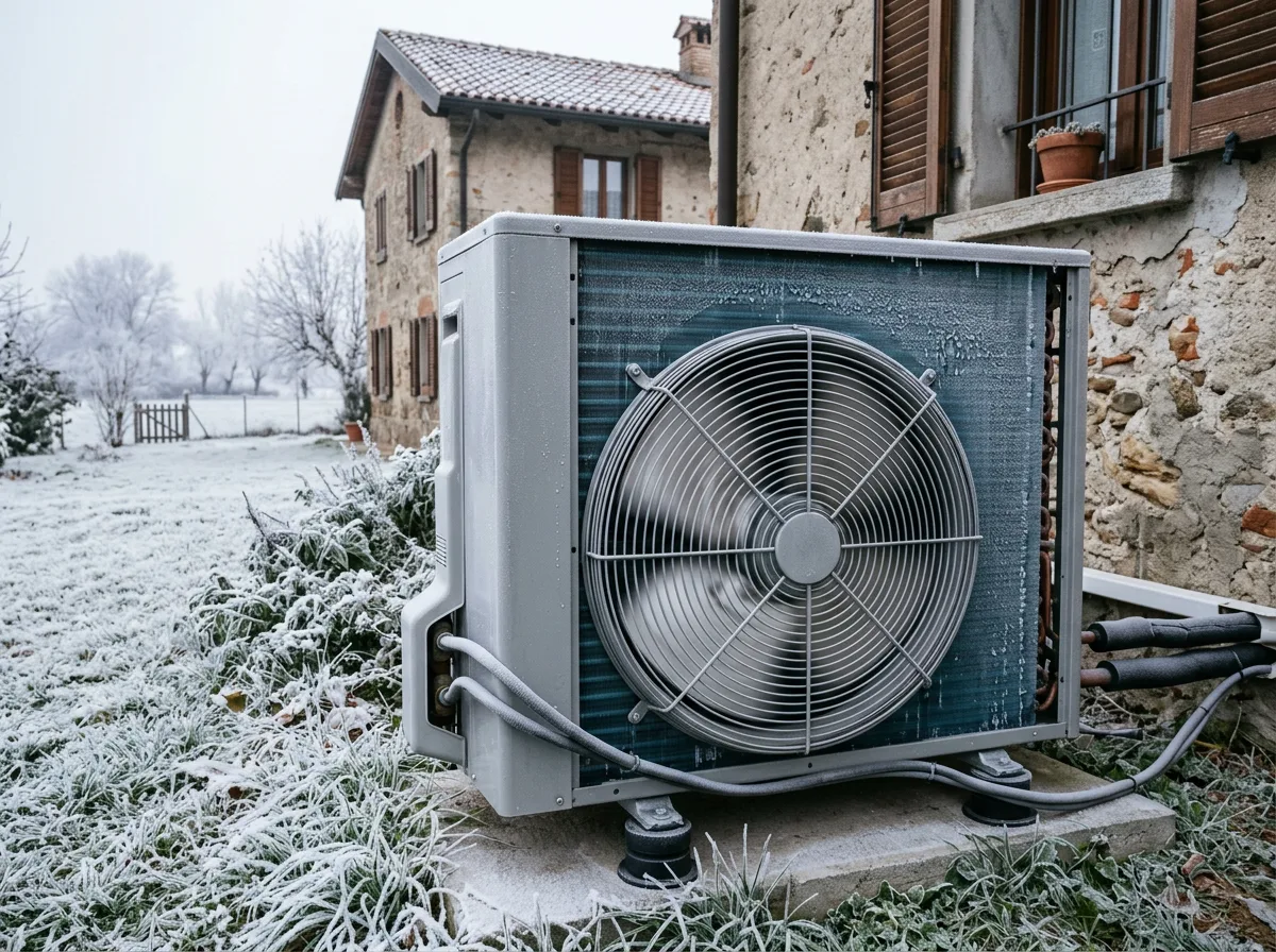 Unità esterna di una pompa di calore in funzione d'inverno, con leggera brina, sul retro di una casa in provincia di Milano