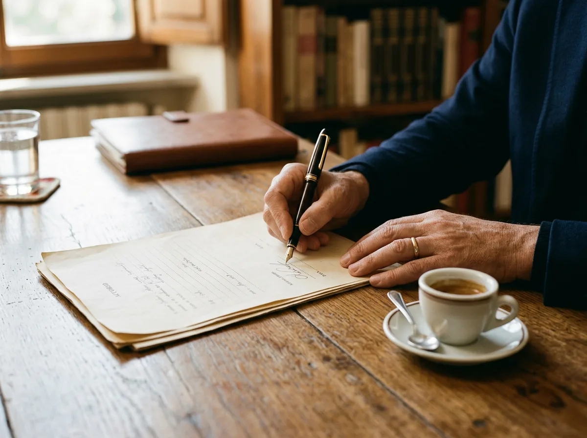 Mani che firmano la documentazione per la domanda di Conto Termico 3.0 al GSE accanto a un caffè