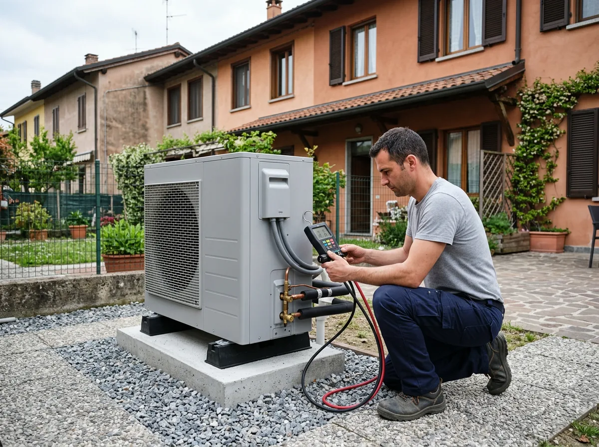 Installatore collauda l'unità esterna di una pompa di calore incentivata con il Conto Termico 3.0 in una casa lombarda